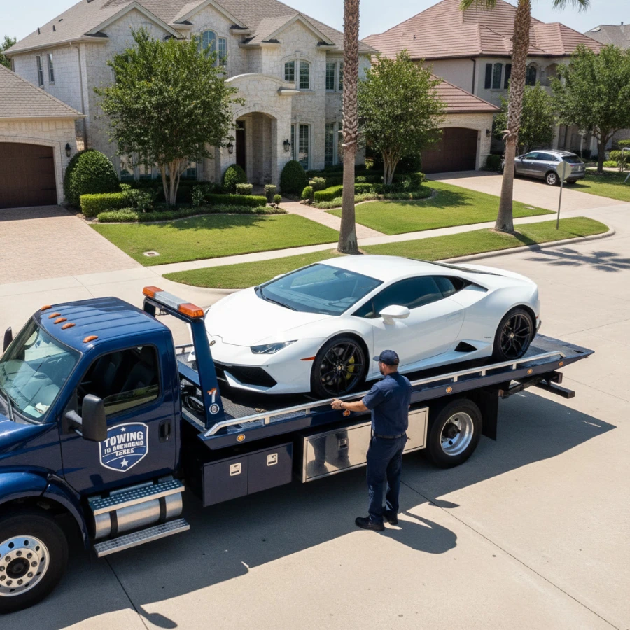 Flatbed tow truck transporting electric vehicle in San Antonio