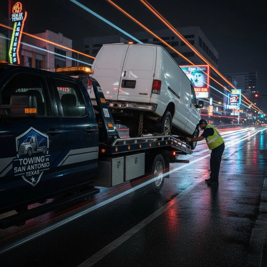 Tow truck providing nighttime breakdown assistance in San Antonio