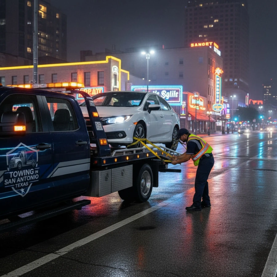 Tow truck responding to car accident at night in San Antonio