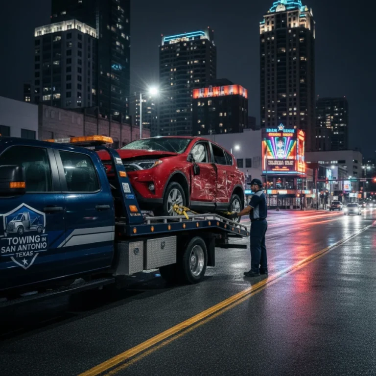 Tow truck arriving to help waiting motorist in San Antonio