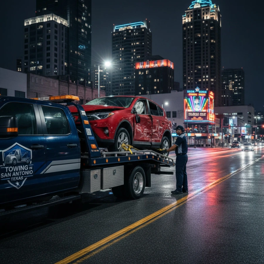 Tow truck arriving to help waiting motorist in San Antonio