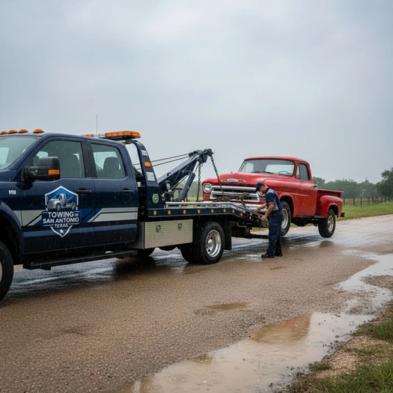 Flatbed tow truck loading vehicle in San Antonio