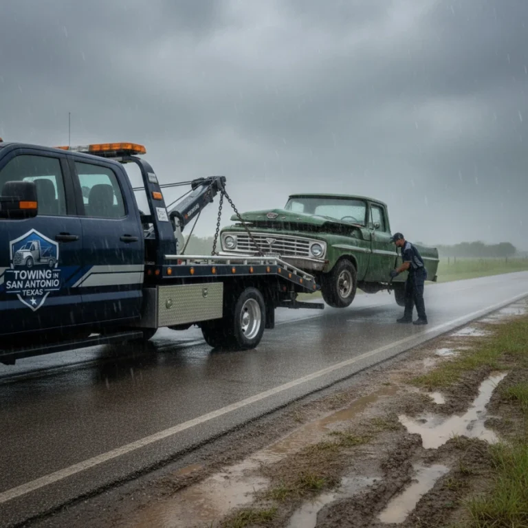 Roadside assistance San Antonio — tow truck driver helping stranded motorist