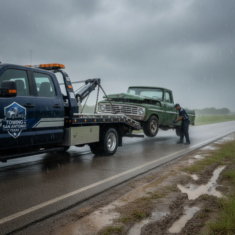 Roadside assistance San Antonio — tow truck driver helping stranded motorist