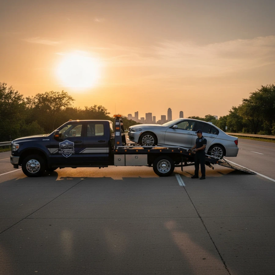 Roadside assistance tow truck on San Antonio highway at sunset