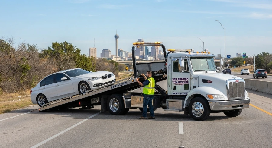 Tow truck with San Antonio skyline serving Bexar County